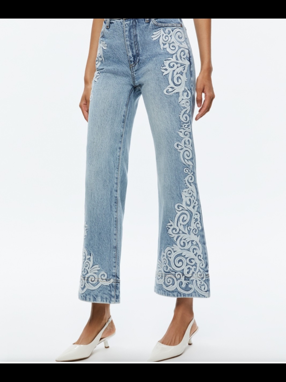 Alice + Olivia Light Blue Embroidered Flare Jeans